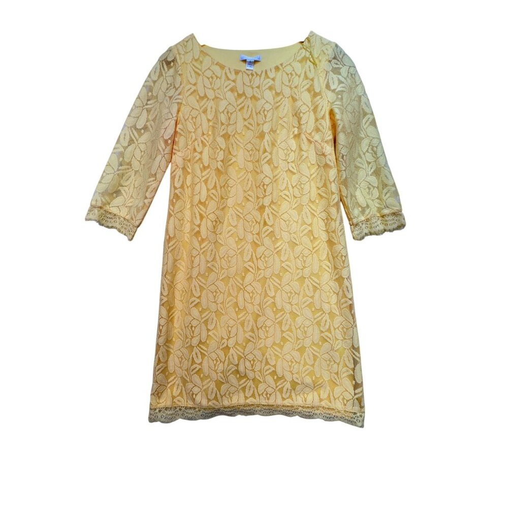 London Times Womens Floral Shift Dress Sze 4 Yellow Lace Classic Casual